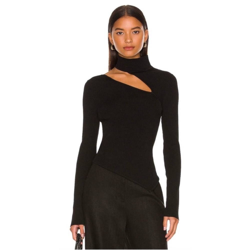 NWOT Cult Gaia Krislyn Asymmetrical Knit Top – Black Cutout Turtleneck, Size L